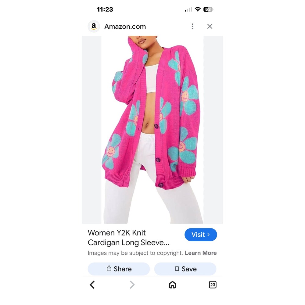 Women Y2K Knit Cardigan‎ Long Sleeve Pink Blue Smiley Flower Oversized Sweater